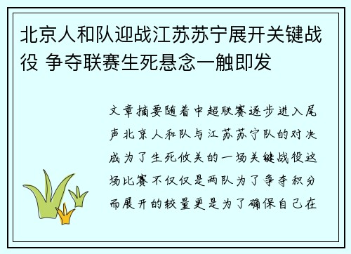 北京人和队迎战江苏苏宁展开关键战役 争夺联赛生死悬念一触即发