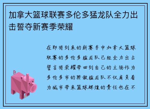 加拿大篮球联赛多伦多猛龙队全力出击誓夺新赛季荣耀