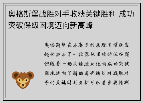 奥格斯堡战胜对手收获关键胜利 成功突破保级困境迈向新高峰