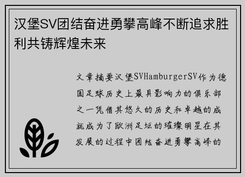 汉堡SV团结奋进勇攀高峰不断追求胜利共铸辉煌未来
