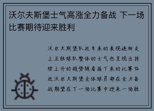 沃尔夫斯堡士气高涨全力备战 下一场比赛期待迎来胜利